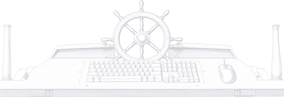 An engraving of a
    ship's console: an eight-spoke helm wheel mounted above a keyboard and a
    mouse, drawn as the ship's controls.